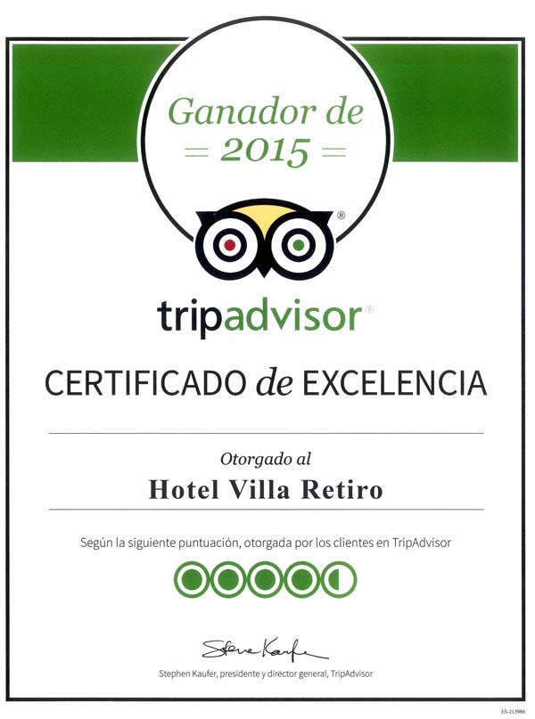 Hotel Villa Retiro certificado de excelencia Tripadvisor